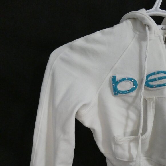 BEBE | small | White Cropped Blue Bebe Logo Hoodie | Zip Closure | Made In USA - Picture 4 of 16